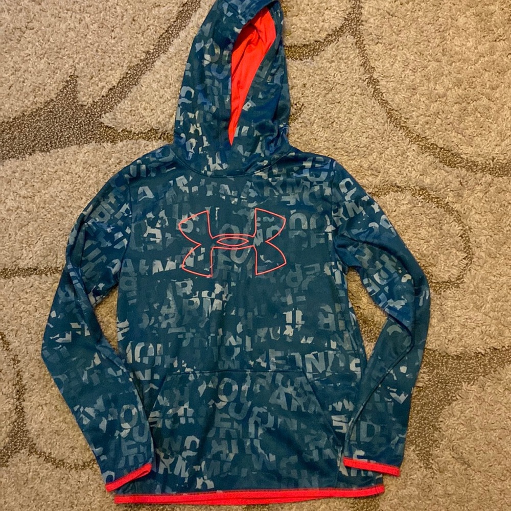 Blue and bright orange lightweight hoodie with fleece lining. Front pocket.
